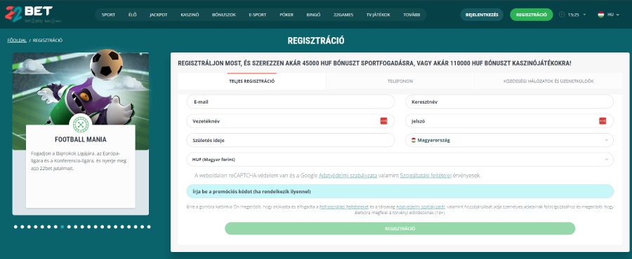 22bet regisztráció